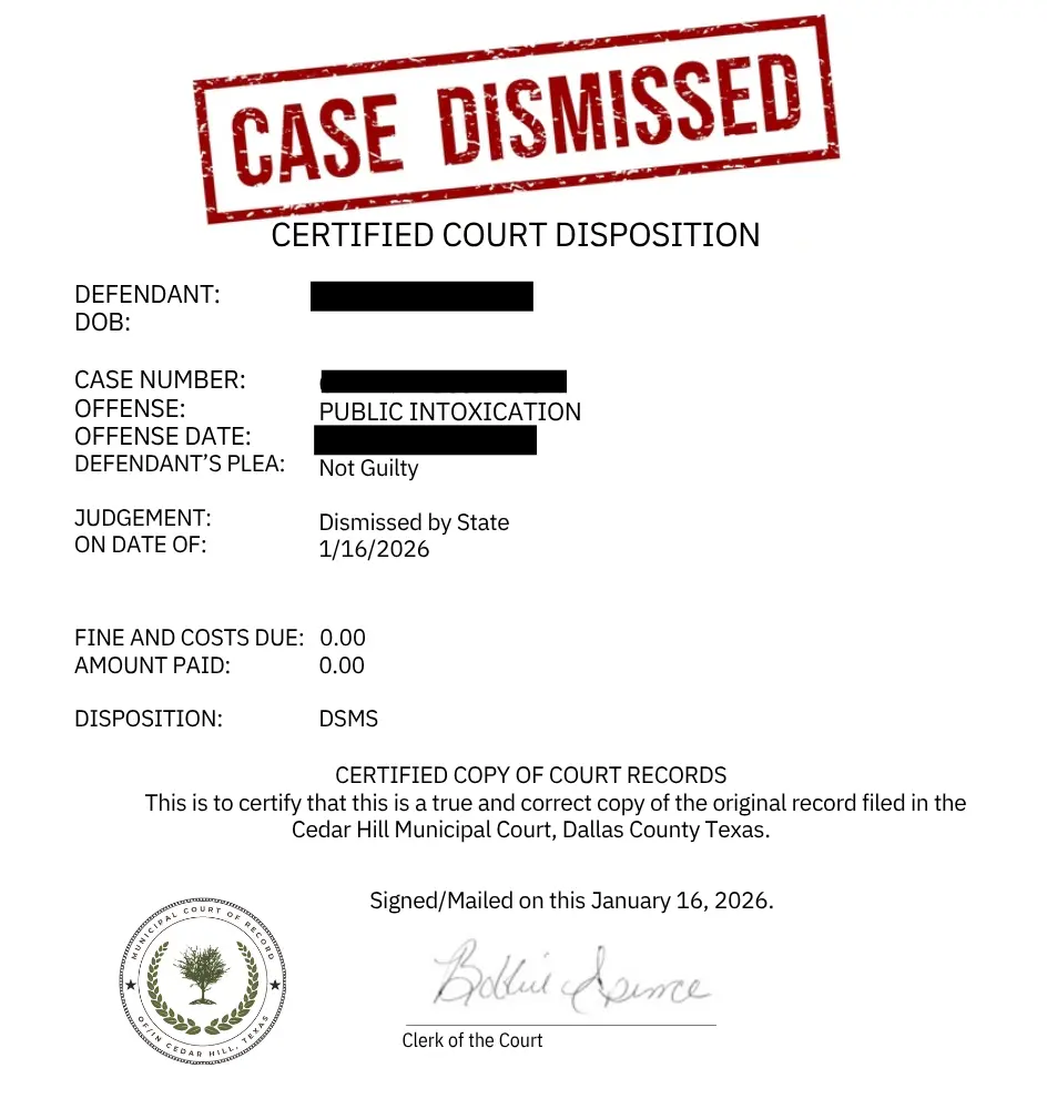 Public intoxication case dismissed — actual court dismissal notice